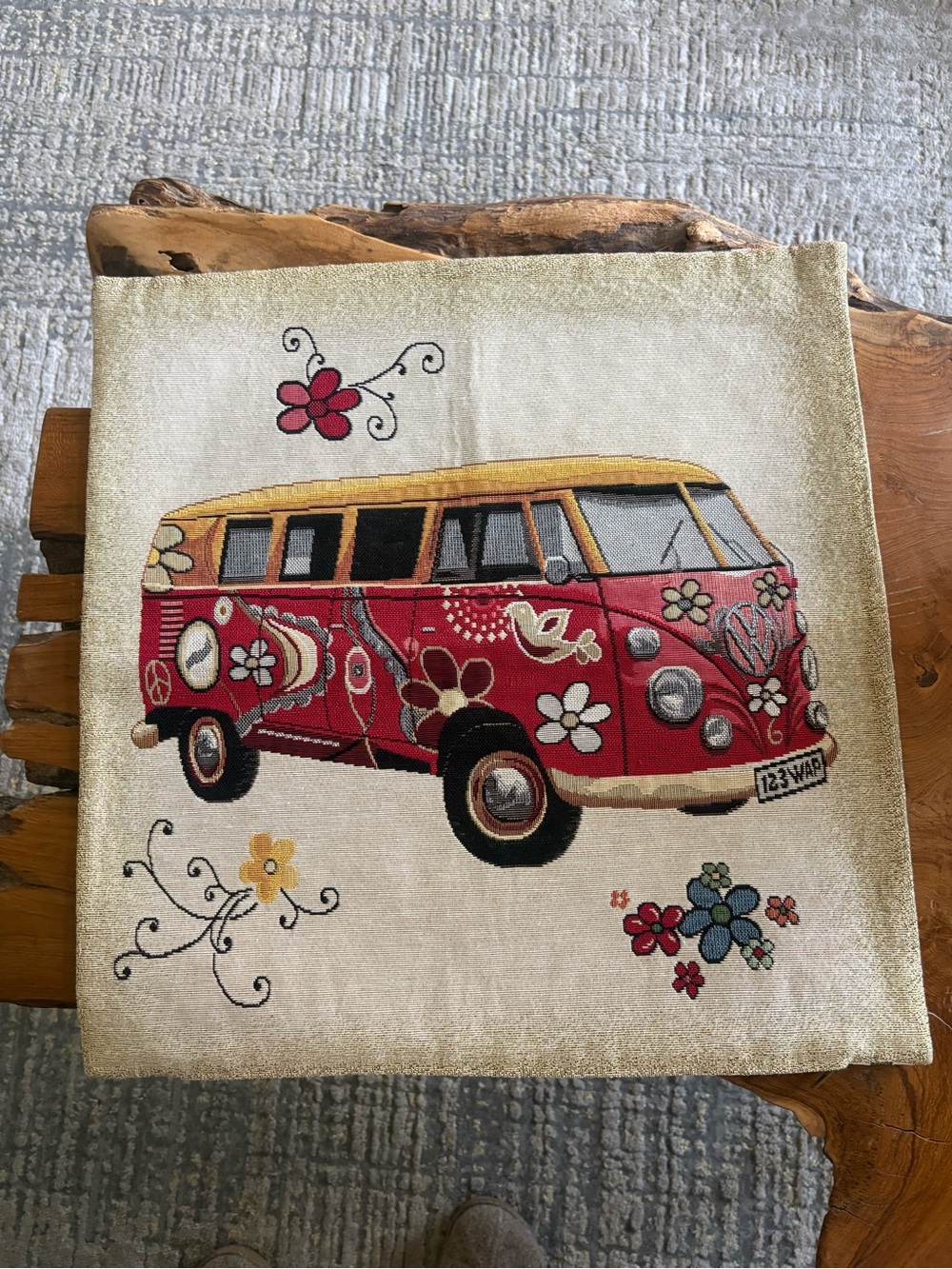 Vintage-Inspired Red Floral Hippie Van Tapestry Pillow Cover NEW